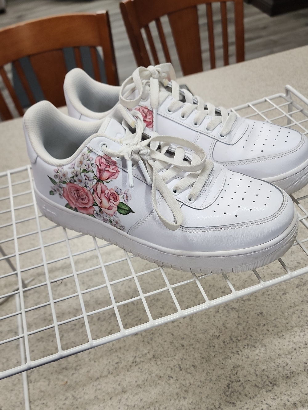 White Lace-Up Sneakers with Pink Rose Accent
